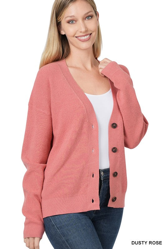 Drop Shoulder Button Front Viscose Sweater Cardigan