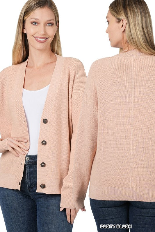 Drop Shoulder Button Front Viscose Sweater Cardigan